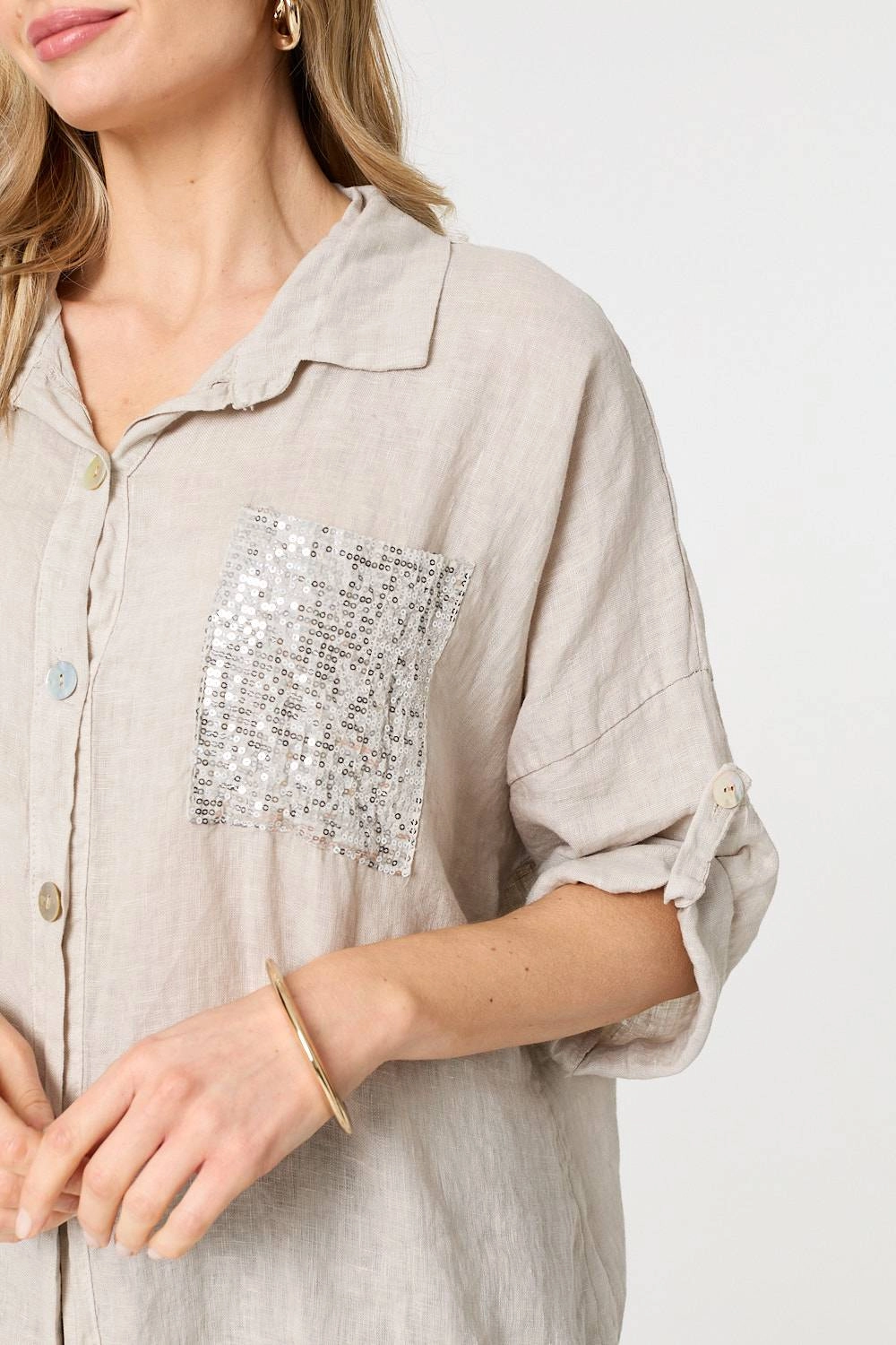 Sequin Detail 3/4 Turn-Up Sleeve Shirt
