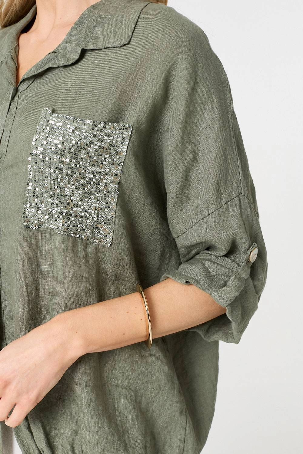 Sequin Detail 3/4 Turn-Up Sleeve Shirt