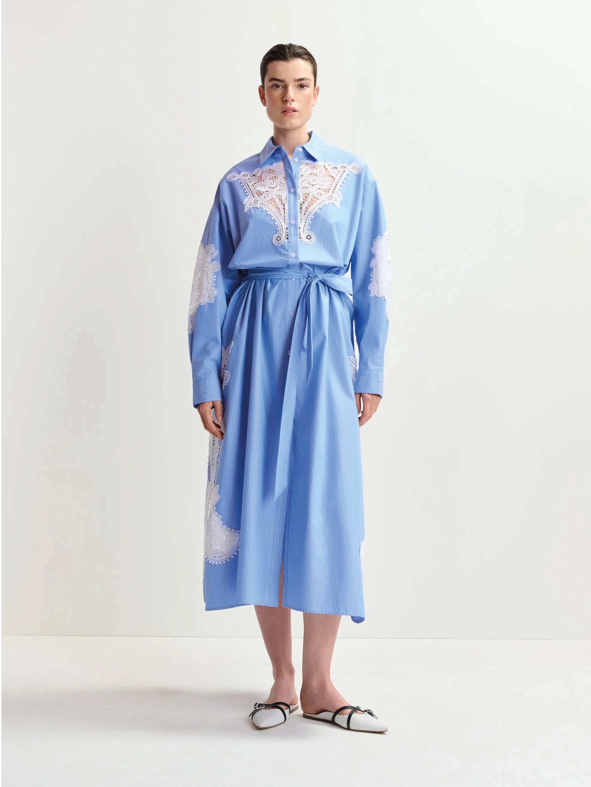 Striped Shirt Dress with Blue/White Lace
