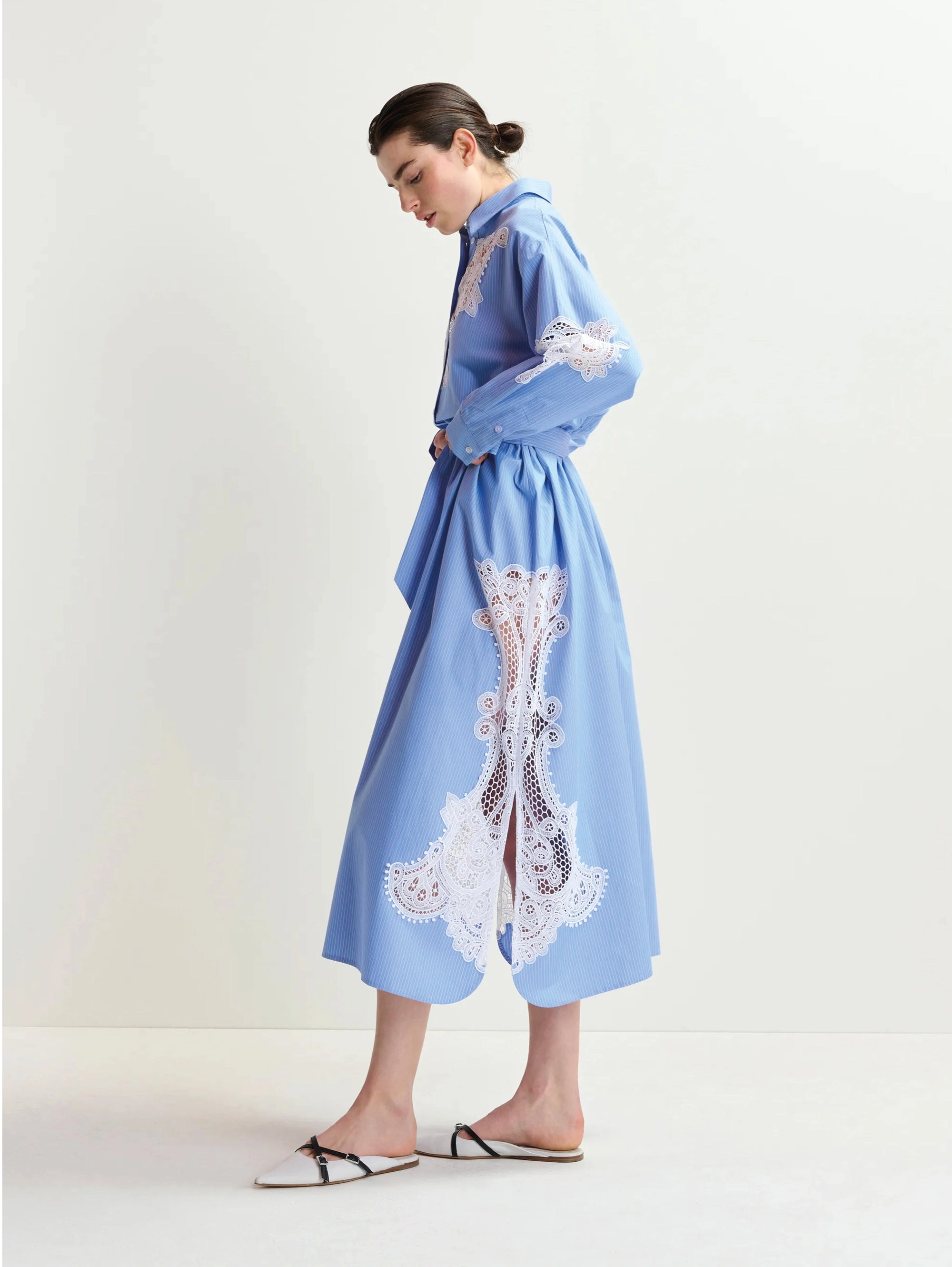Striped Shirt Dress with Blue/White Lace