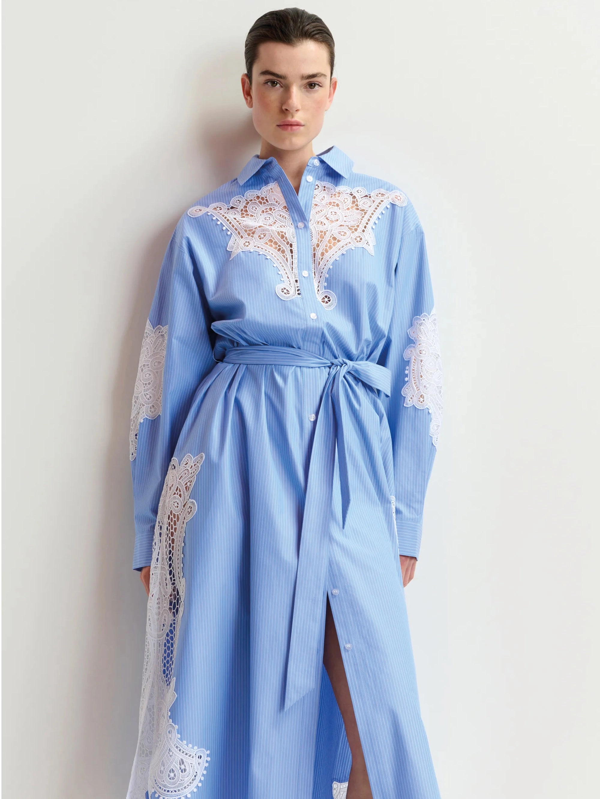 Striped Shirt Dress with Blue/White Lace