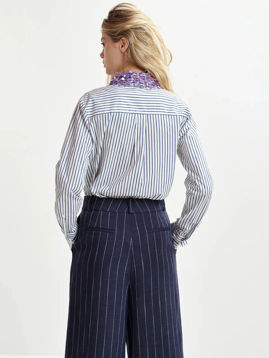 Striped Shirt with White/Blue Embroidered Collar