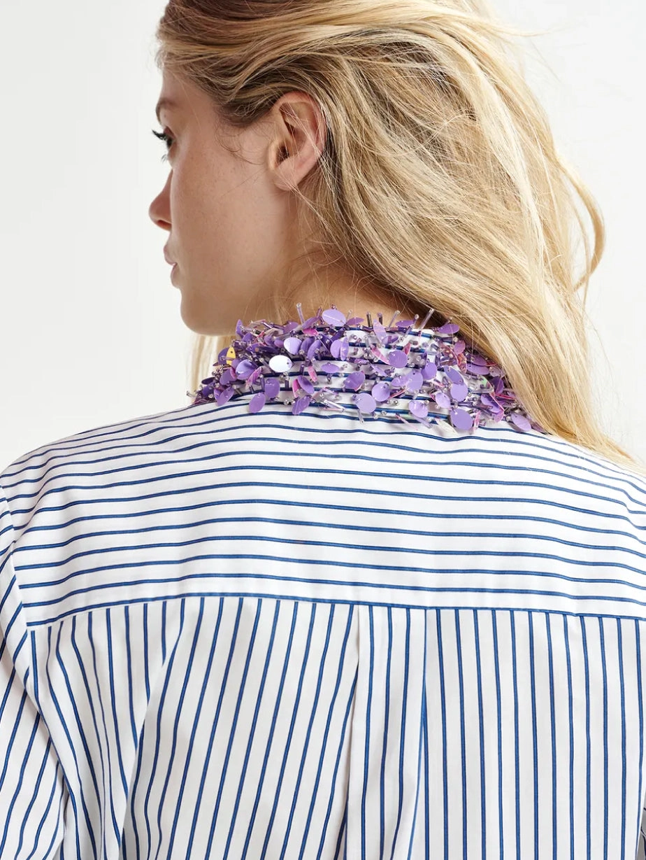 Striped Shirt with White/Blue Embroidered Collar