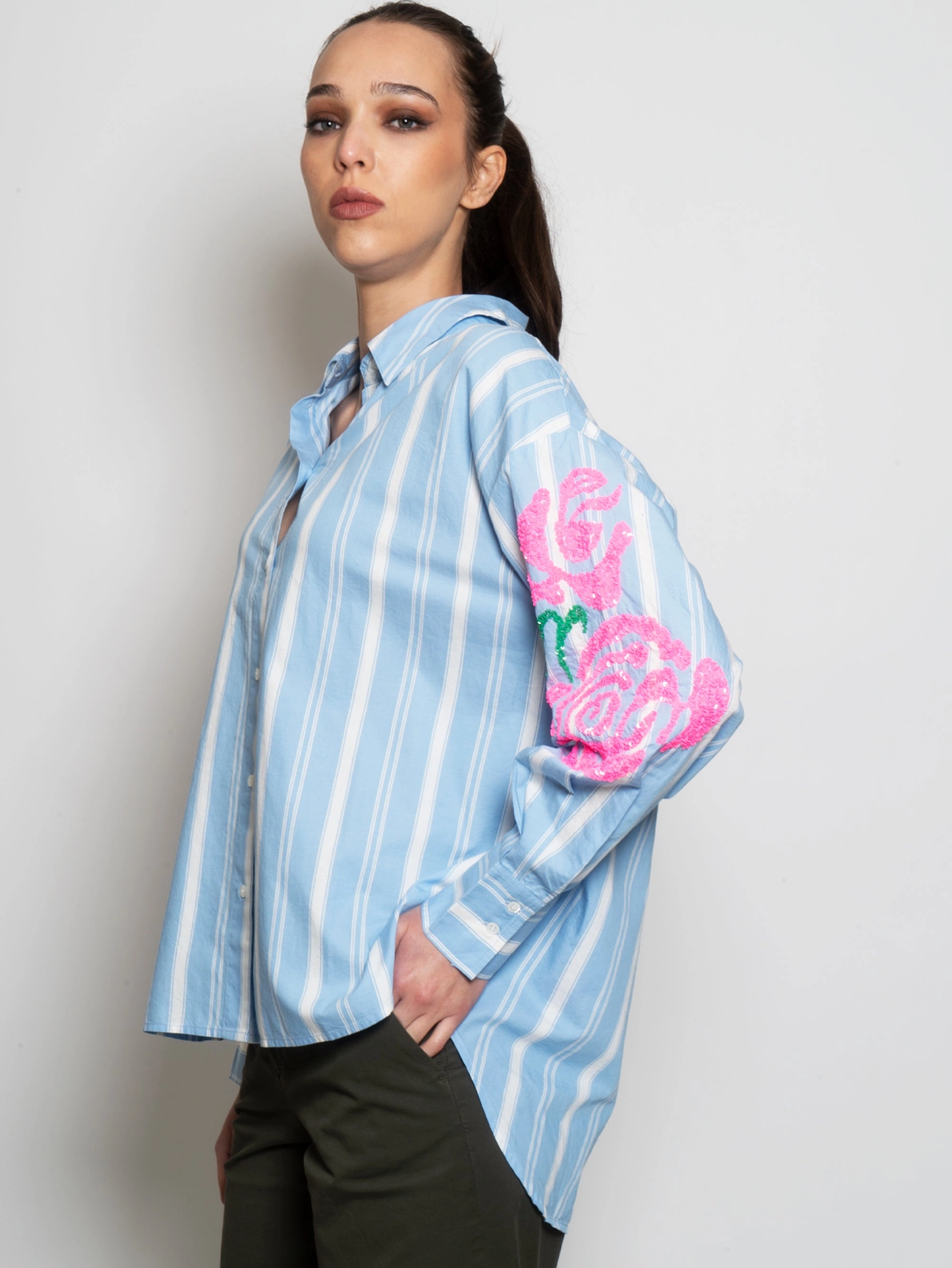 Striped Shirt with White/Blue Embroideries