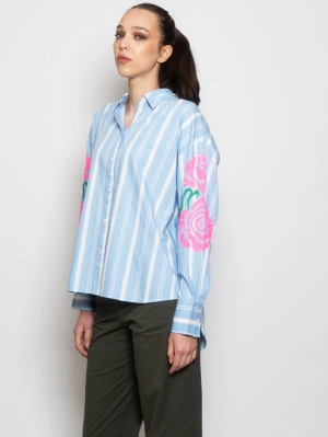 Striped Shirt with White/Blue Embroideries