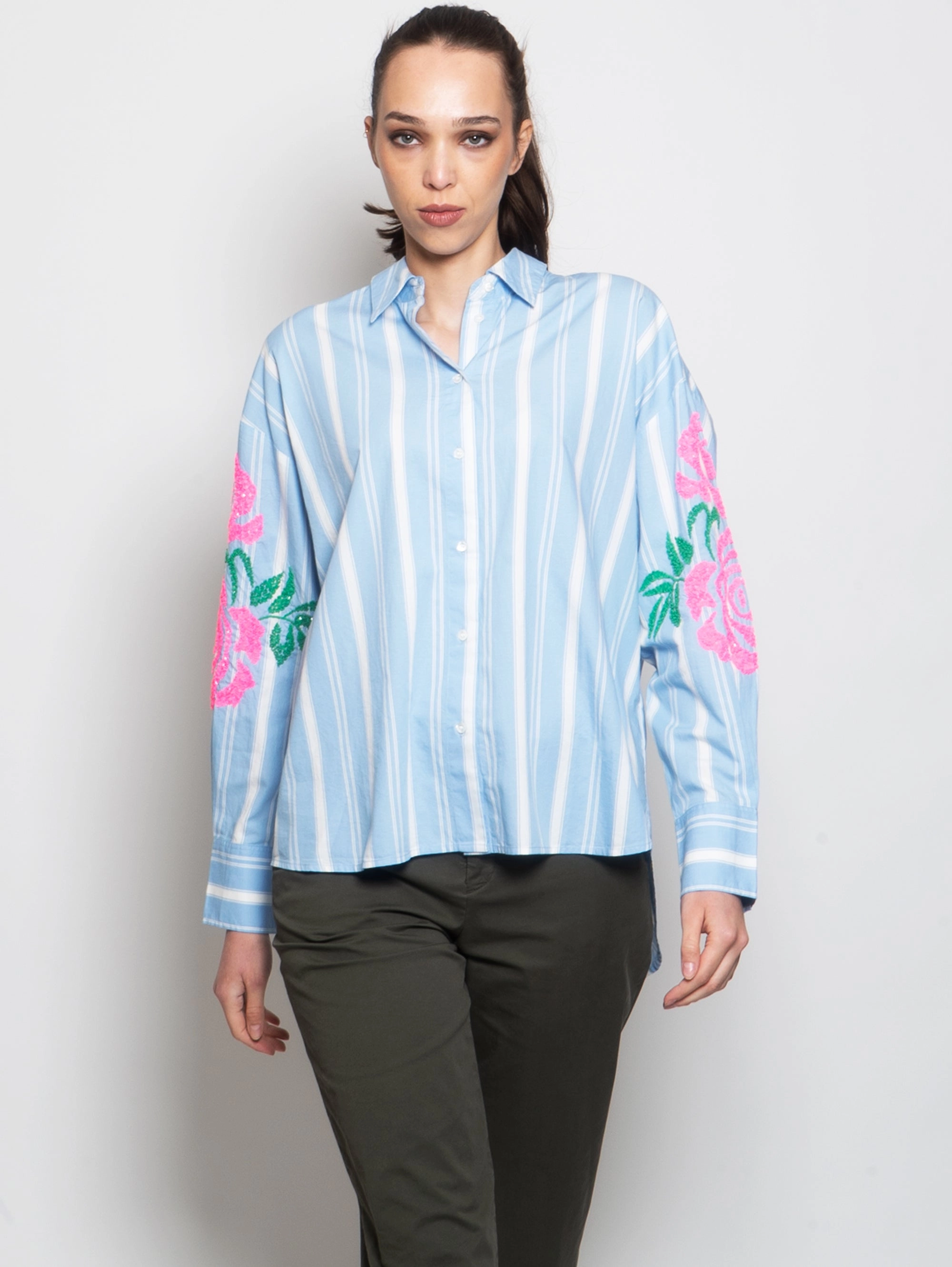 Striped Shirt with White/Blue Embroideries