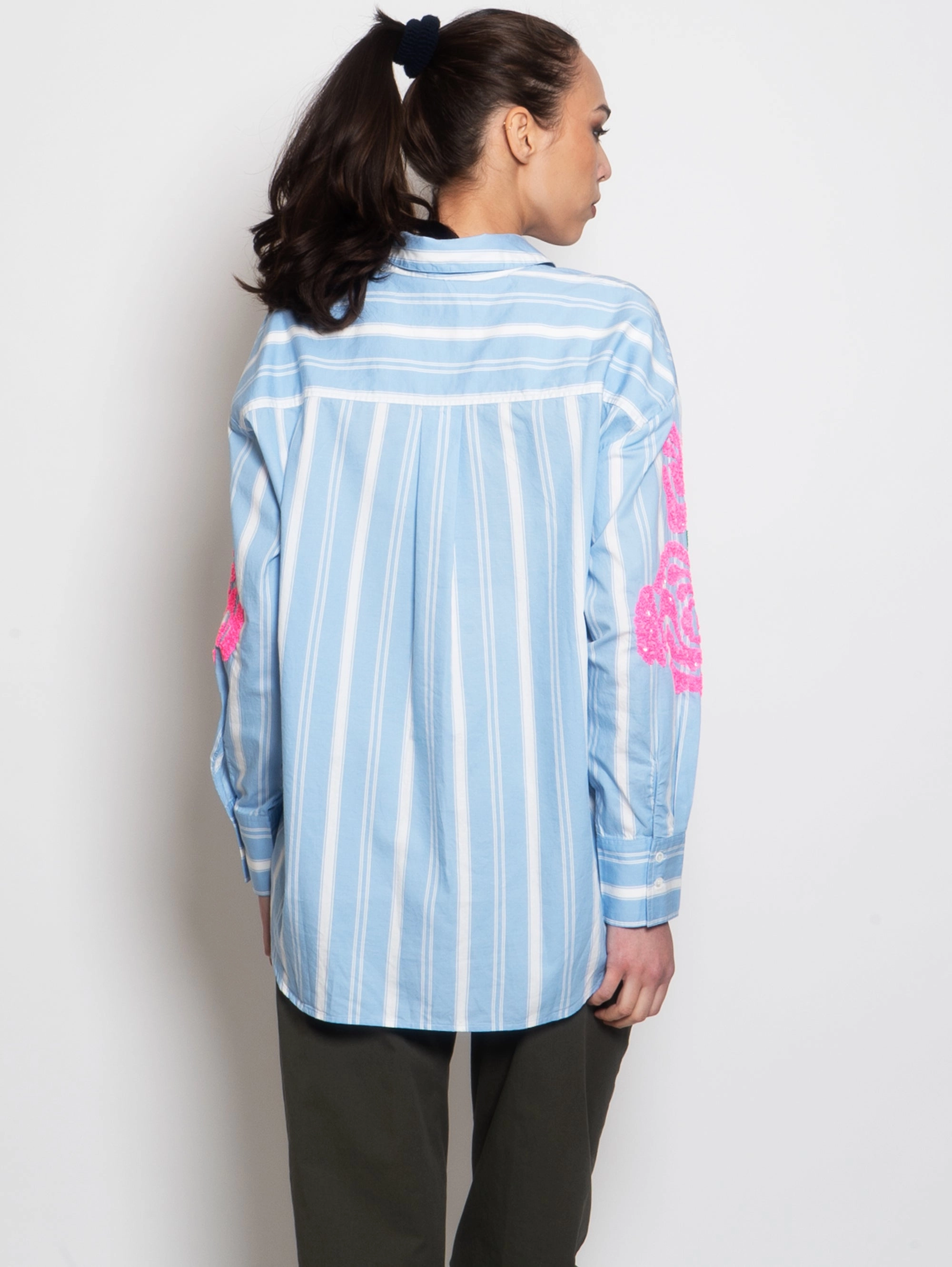 Striped Shirt with White/Blue Embroideries