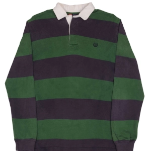 VINTAGE CHAPS RALPH LAUREN BLUE & GREEN STRIPED RUGBY POLO SHIRT 1990S SMALL