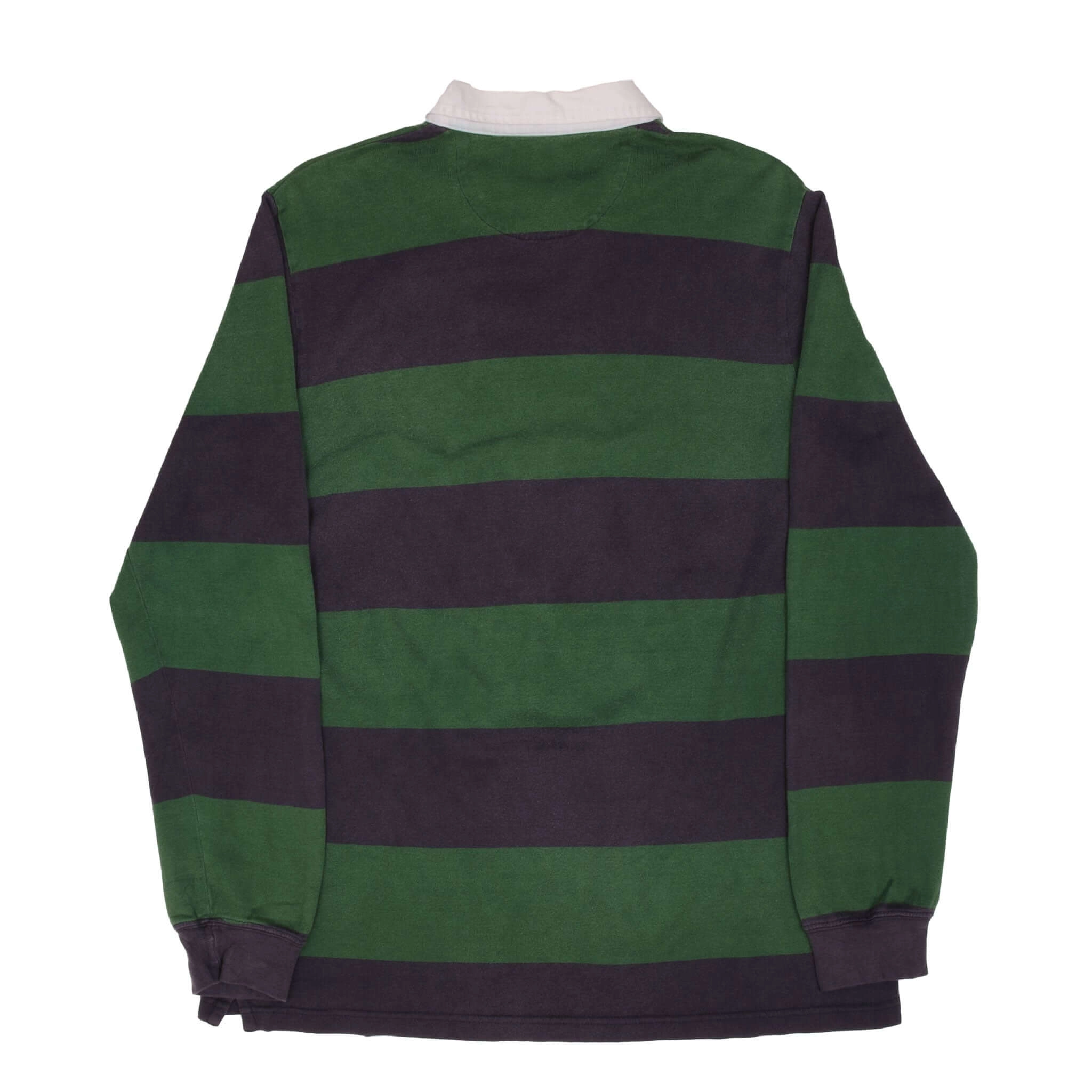 VINTAGE CHAPS RALPH LAUREN BLUE & GREEN STRIPED RUGBY POLO SHIRT 1990S SMALL