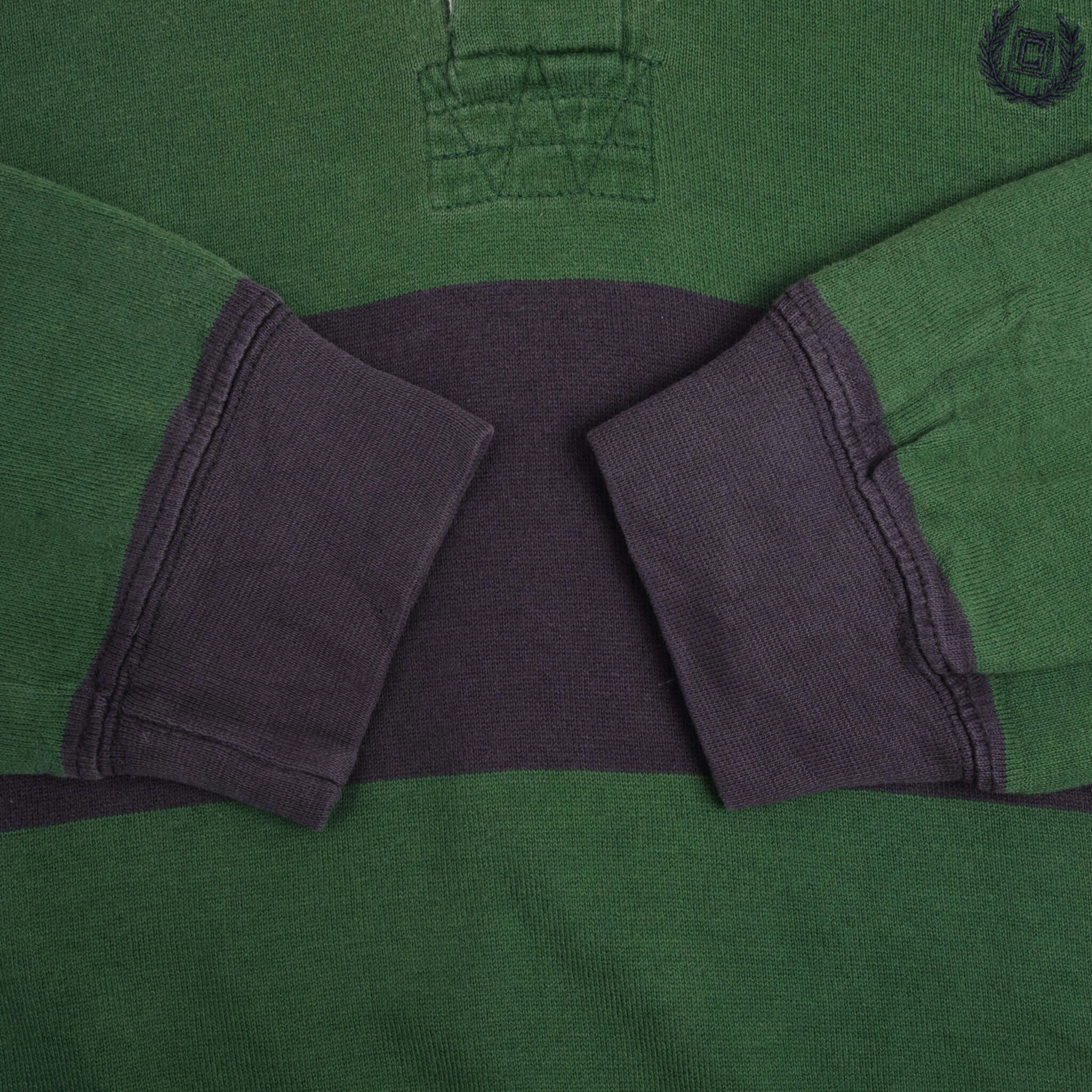 VINTAGE CHAPS RALPH LAUREN BLUE & GREEN STRIPED RUGBY POLO SHIRT 1990S SMALL
