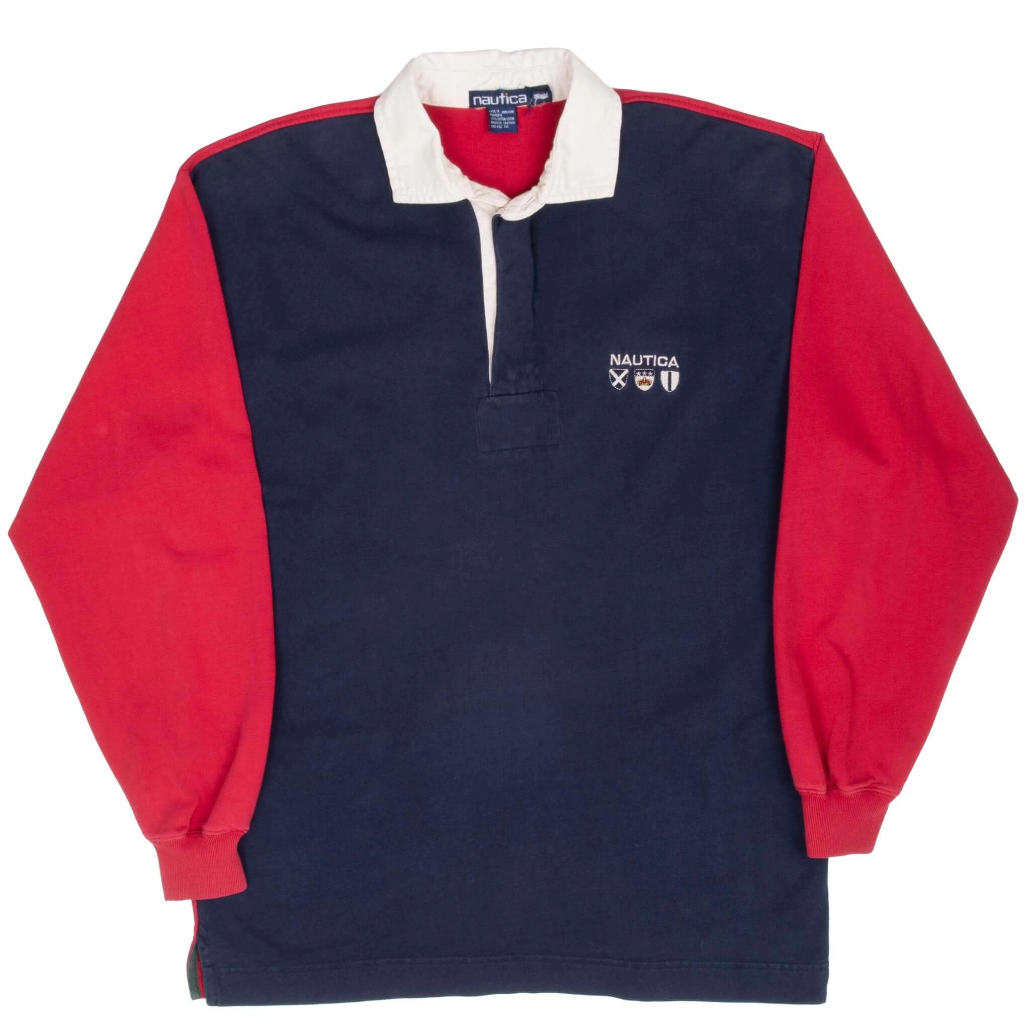 VINTAGE NAUTICA RED & BLUE RUGBY POLO RUGBY 1990S MEDIUM