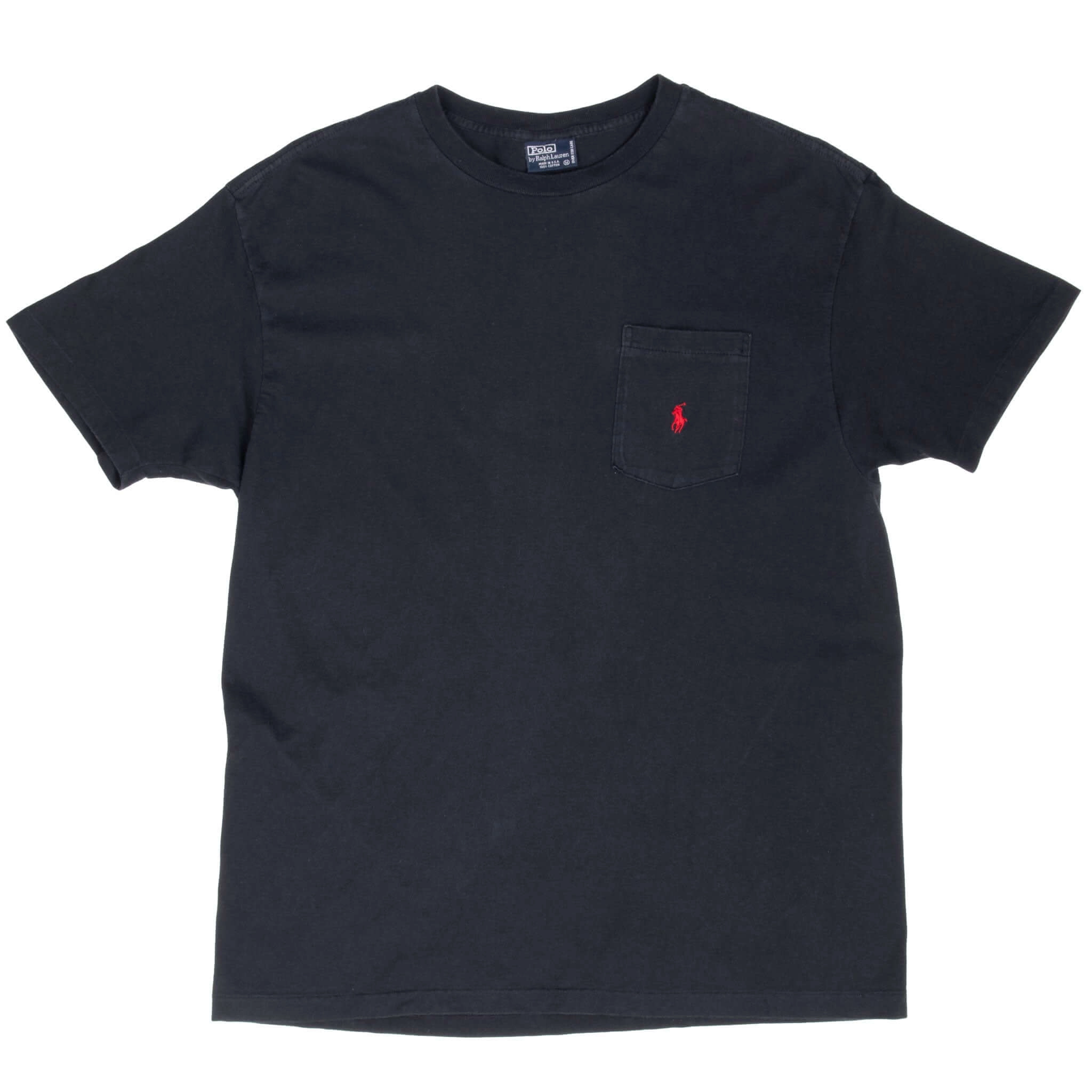 VINTAGE POLO RALPH LAUREN CLASSIC BLACK POCKET TEE SHIRT 1990S MEDIUM MADE USA