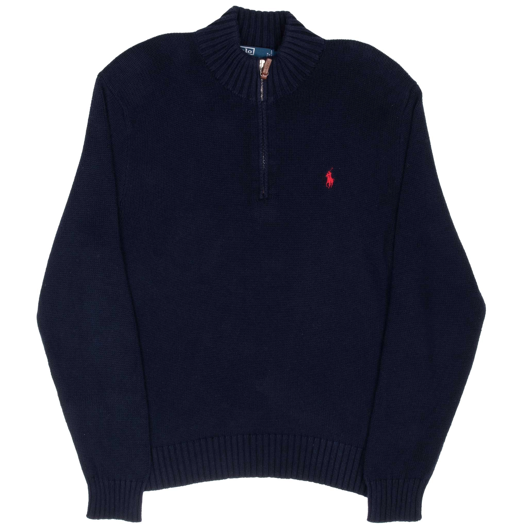 VINTAGE POLO RALPH LAUREN NAVY BLUE KNIT QUARTER 1/4 ZIP SWEATER 1990S LARGE