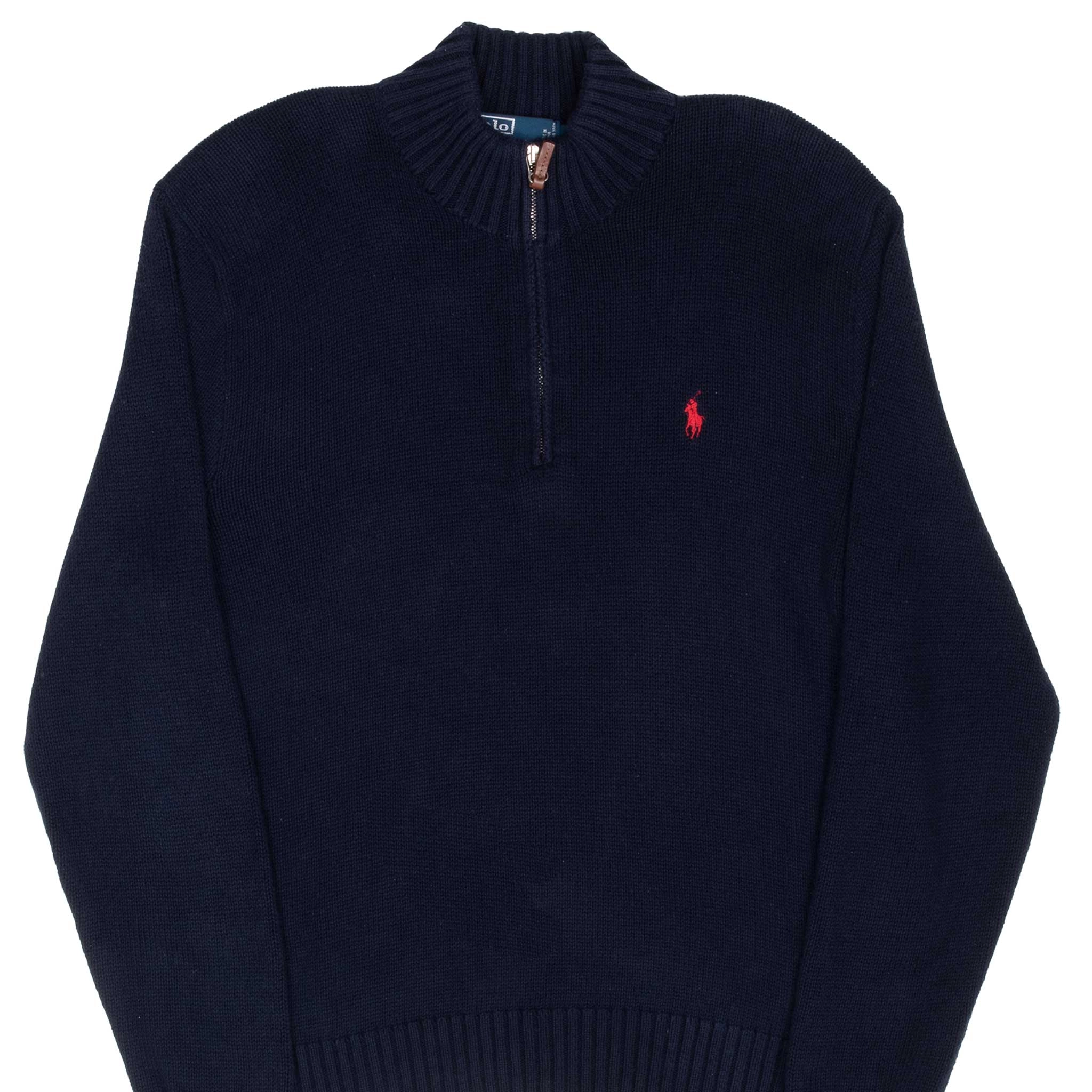 VINTAGE POLO RALPH LAUREN NAVY BLUE KNIT QUARTER 1/4 ZIP SWEATER 1990S LARGE