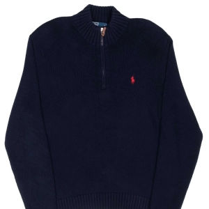 VINTAGE POLO RALPH LAUREN NAVY BLUE KNIT QUARTER 1/4 ZIP SWEATER 1990S LARGE