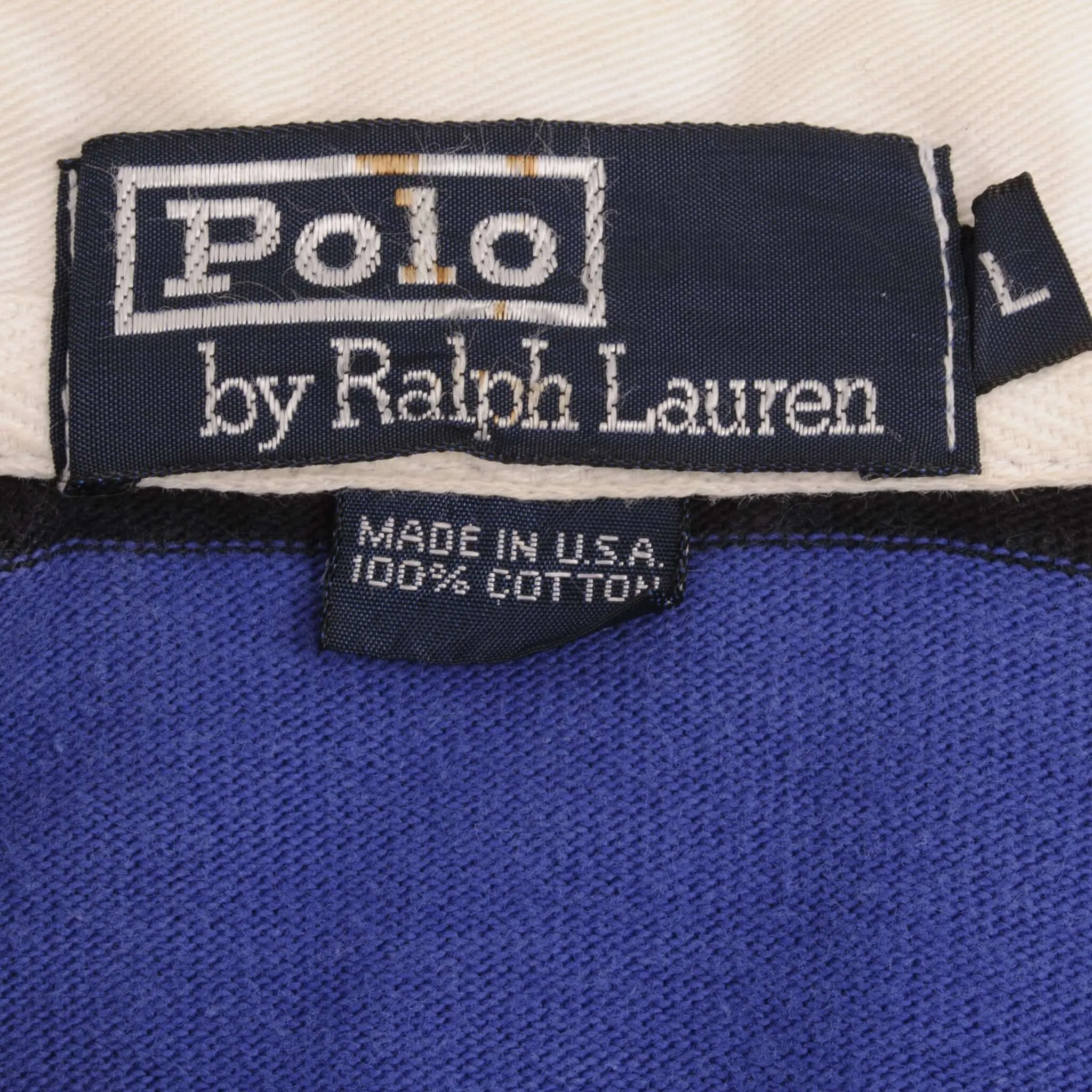 VINTAGE RALPH LAUREN BLACK & BLUE STRIPED RUGBY POLO SHIRT 1990S LARGE MADE USA