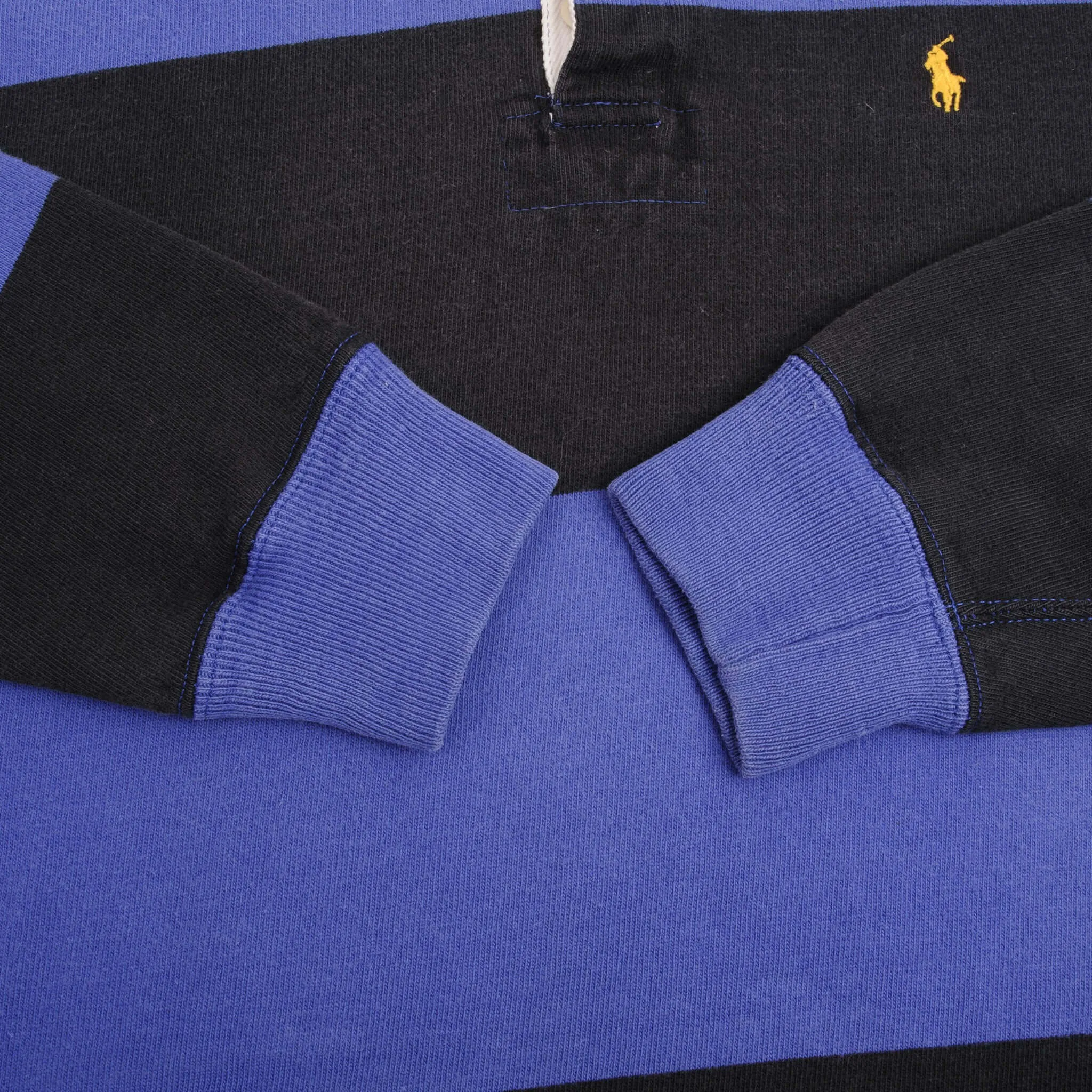 VINTAGE RALPH LAUREN BLACK & BLUE STRIPED RUGBY POLO SHIRT 1990S LARGE MADE USA