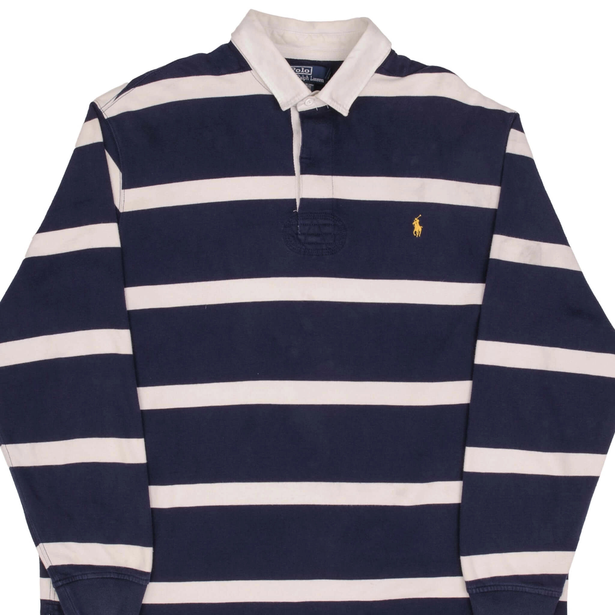 VINTAGE RALPH LAUREN BLUE & WHITE STRIPED RUGBY POLO SHIRT 1990S SIZE 2XL TALL