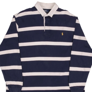 VINTAGE RALPH LAUREN BLUE & WHITE STRIPED RUGBY POLO SHIRT 1990S SIZE 2XL TALL