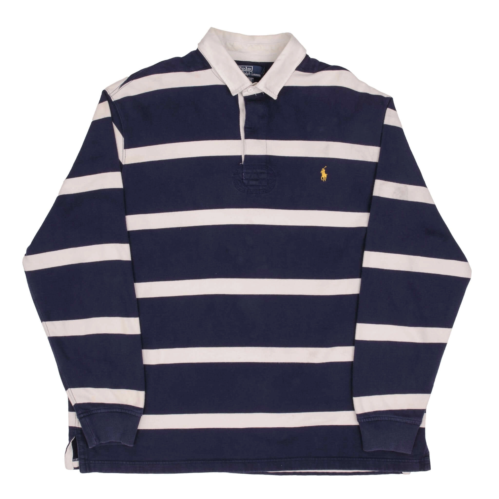 VINTAGE RALPH LAUREN BLUE & WHITE STRIPED RUGBY POLO SHIRT 1990S SIZE 2XL TALL
