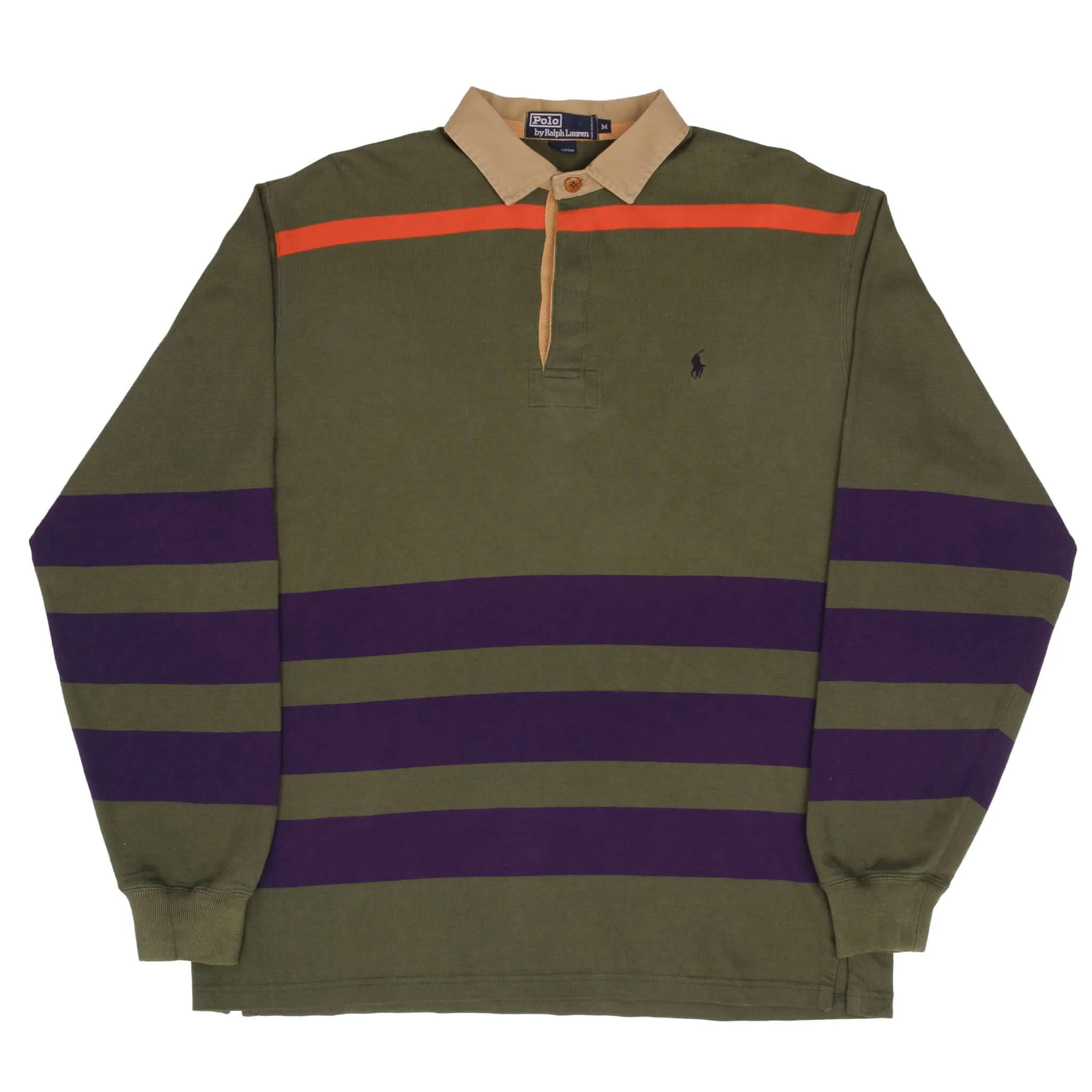 VINTAGE RALPH LAUREN GREEN & BLUE STRIPED RUGBY POLO SHIRT 1990S SIZE MEDIUM