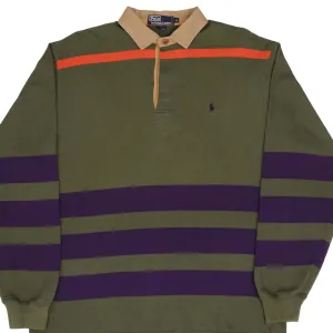 VINTAGE RALPH LAUREN GREEN & BLUE STRIPED RUGBY POLO SHIRT 1990S SIZE MEDIUM