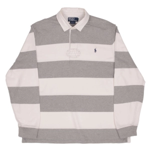 VINTAGE RALPH LAUREN GREY & WHITE STRIPED RUGBY POLO SHIRT 1990S SIZE XL