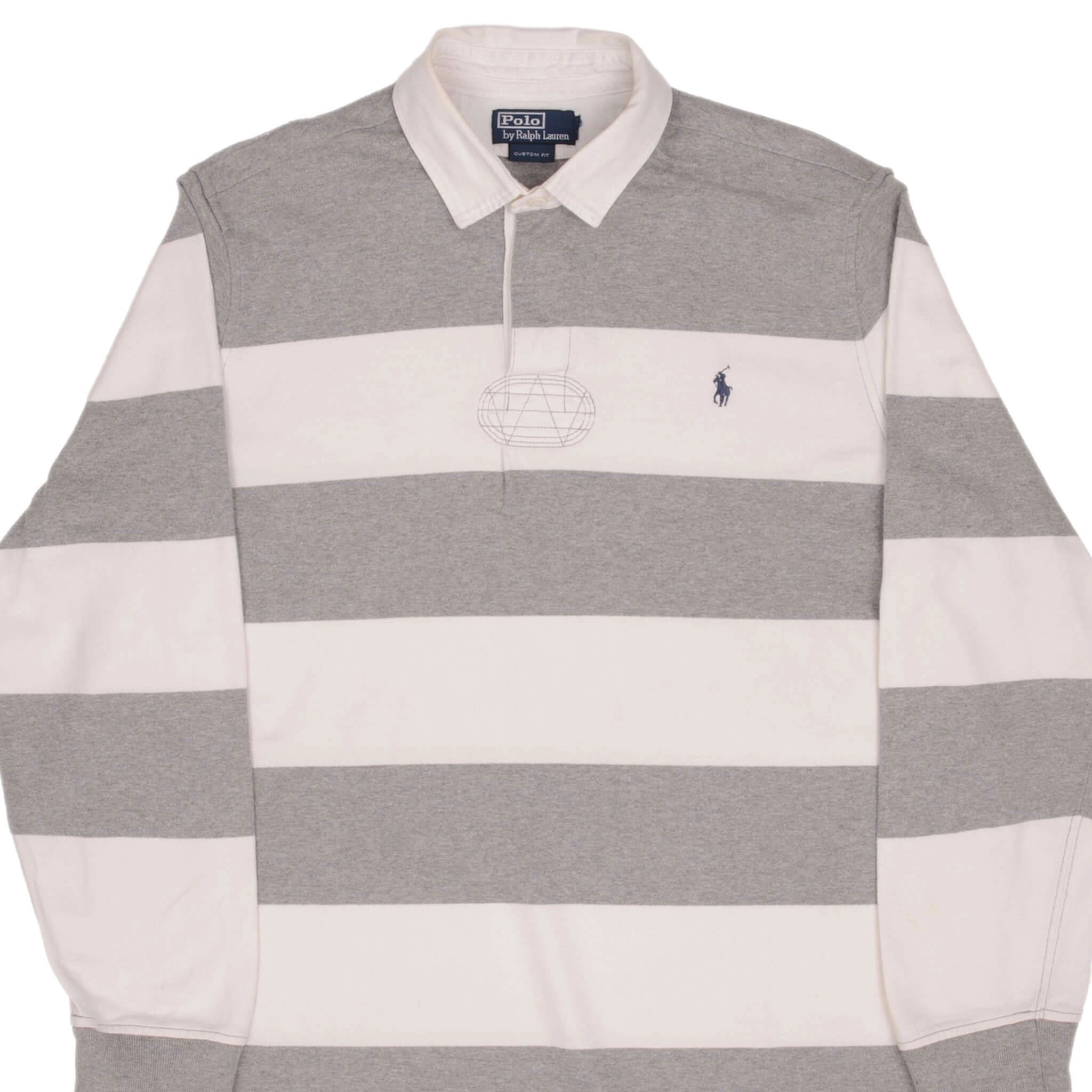 VINTAGE RALPH LAUREN GREY & WHITE STRIPED RUGBY POLO SHIRT 1990S SIZE XL