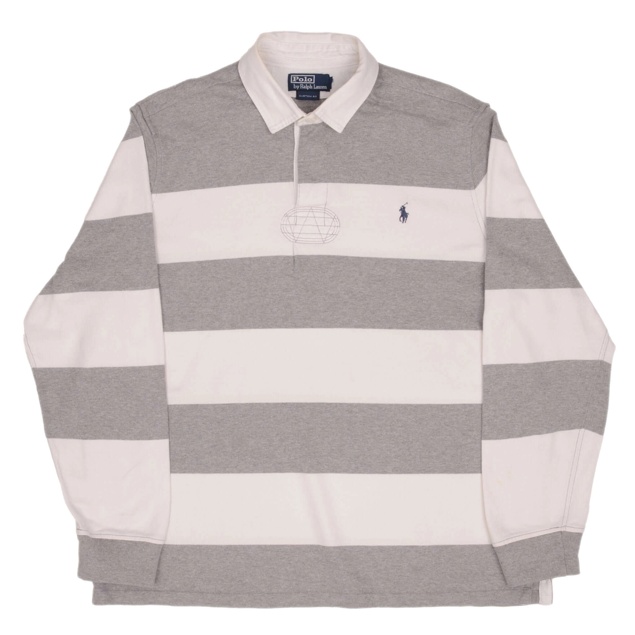 VINTAGE RALPH LAUREN GREY & WHITE STRIPED RUGBY POLO SHIRT 1990S SIZE XL