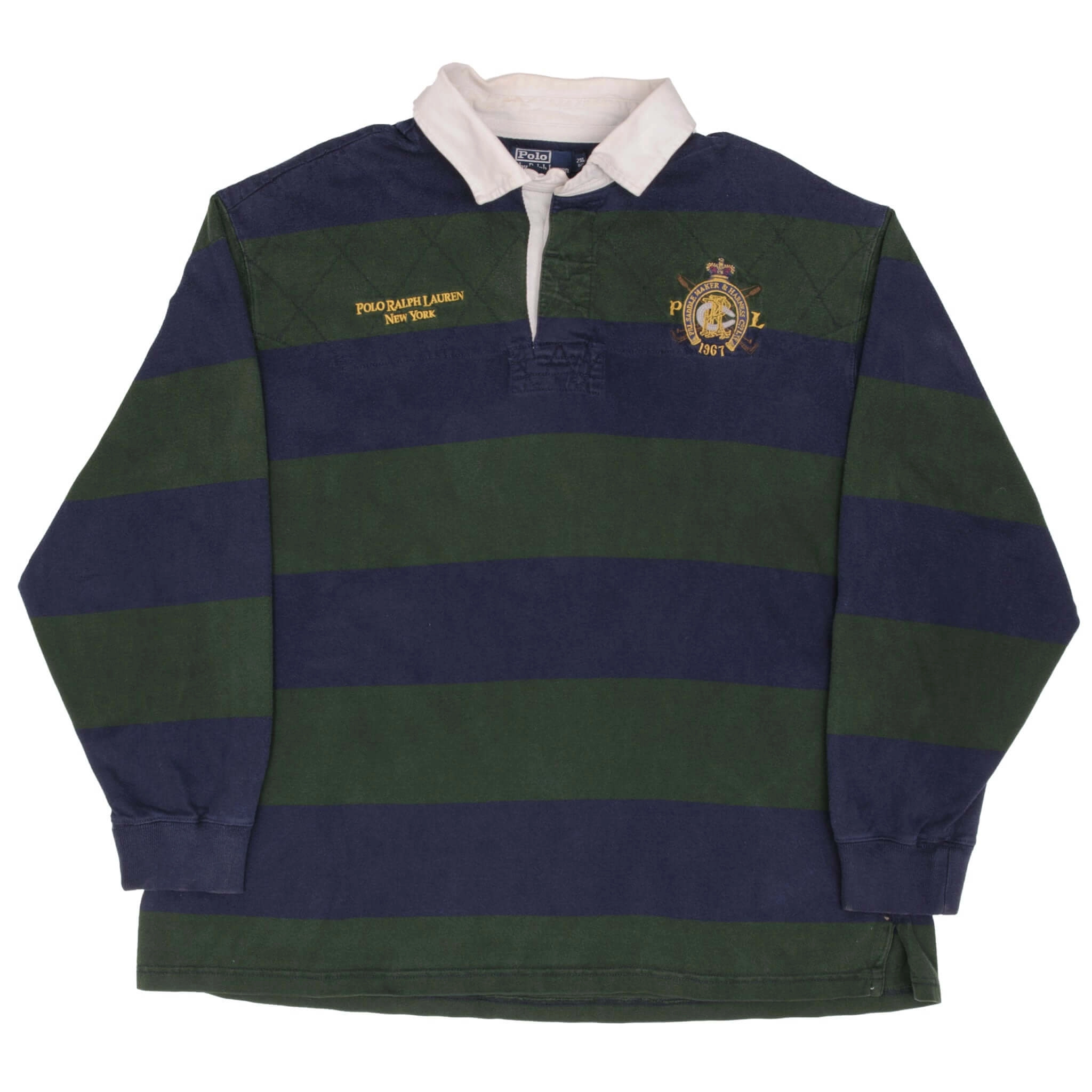 VINTAGE RALPH LAUREN NEW YORK BLUE GREEN STRIPED RUGBY POLO SHIRT 1990S 2XL BIG