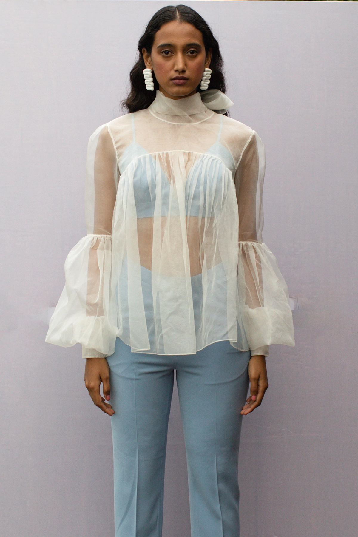 White Organza Tie-Up Puff Sleeve Shirt