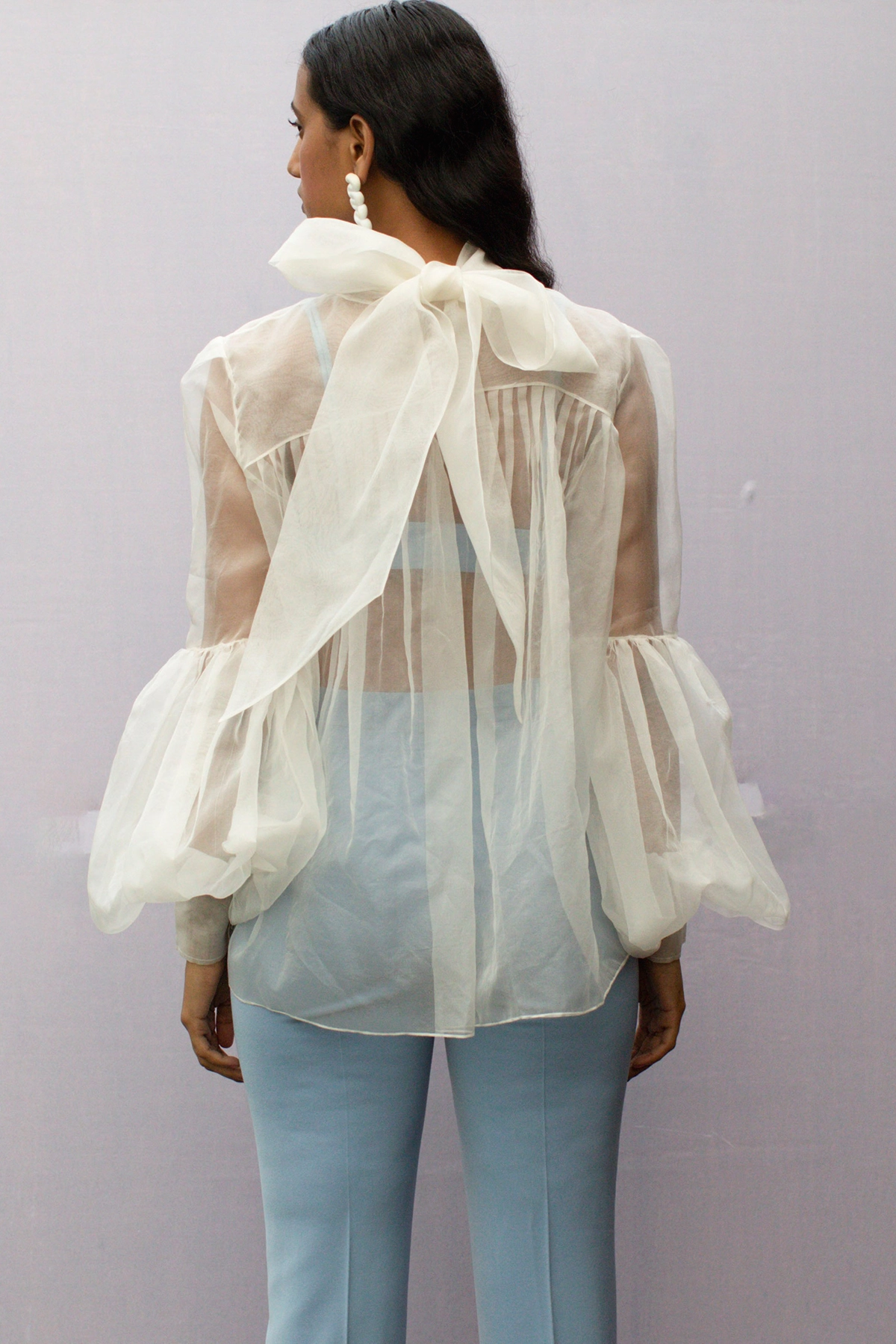 White Organza Tie-Up Puff Sleeve Shirt